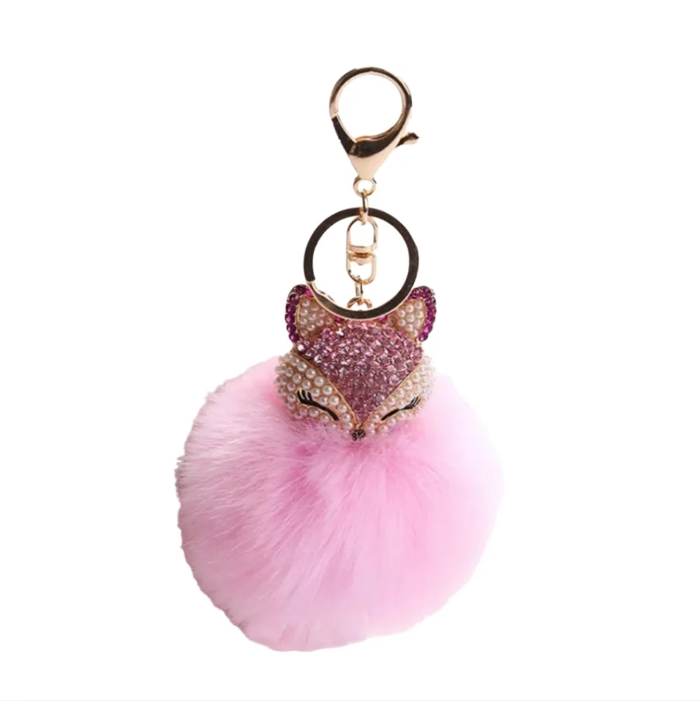 Pink Plush Pom Pom FOX Rhinestones Pearls Feminine Elegant Luxury Keychain Gift